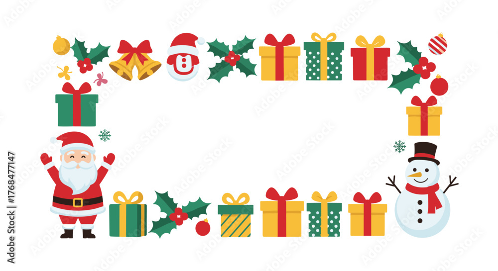 Naklejka premium Festive holiday frame featuring Santa Claus, a jolly snowman, wrapped gift boxes, holly, bells, and ornaments on a white background.