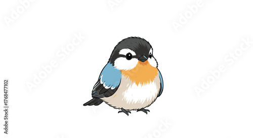 Fluffy and endearing cartoon bird, depicted with a black cap, white face, blue wings, and a vibrant orange breast.