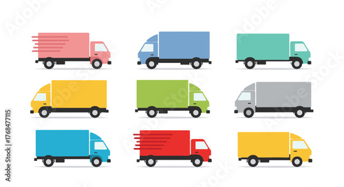 A collection of colorful flat vector delivery trucks, including fast express delivery vehicles, illustrating shipping and logistics services.