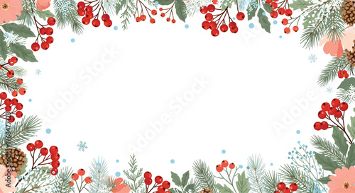 Winter holiday frame with festive evergreen branches, red berries, and snowflakes, perfect for greetings and invitations.