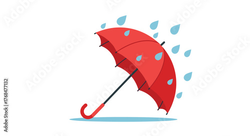 A vibrant red umbrella stands open, deflecting blue raindrops during a light shower, with a small puddle forming below.