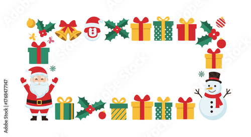 Festive holiday frame featuring Santa Claus, a jolly snowman, wrapped gift boxes, holly, bells, and ornaments on a white background.