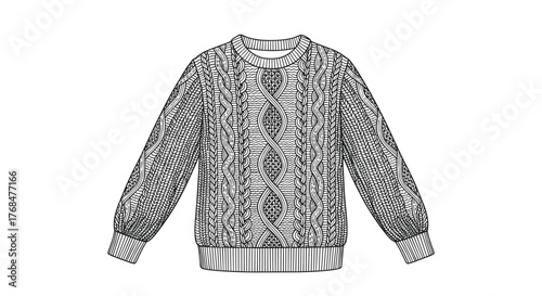 A detailed black and white line art illustration of a cozy cable knit sweater with long sleeves and ribbed cuffs and hem, showcasing intricate braided patterns.