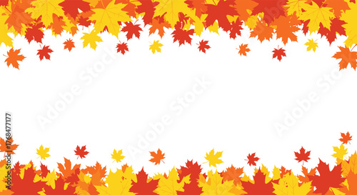 Vibrant red, orange, and yellow autumn maple leaves creating decorative borders at the top and bottom of a clean white background.