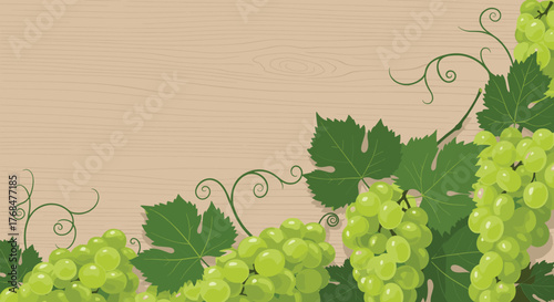 A vibrant illustration of green grapes with lush leaves and twisting tendrils on a rustic wooden background, offering a fresh, natural aesthetic.