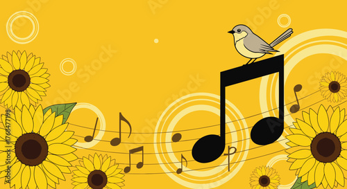 A cheerful illustration of a little bird singing on a musical note amidst vibrant sunflowers and flowing melodies.