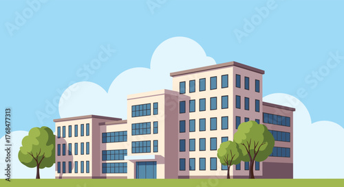 Cartoon illustration of a modern school or university campus building with green grass and trees under a blue sky.