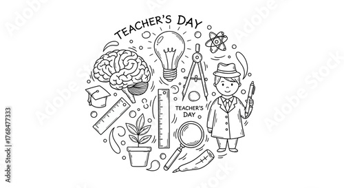 Teacher's Day celebration greeting card design with hand-drawn vector icons of school subjects and educational elements in a circular layout