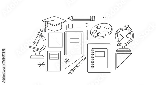 Line art illustration of education-related elements including a microscope, books, and other items