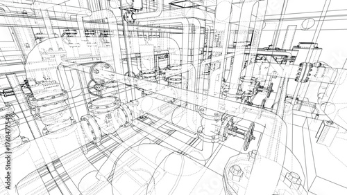 Complex Industrial Pipe Network Blueprint. Vector