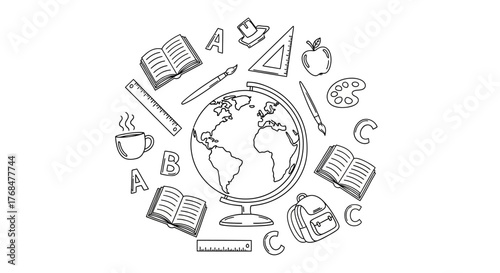 Minimalist Line Art Vector Illustration of Global Education and Learning School supplies, books, and academic symbols encircling a world globe, representing knowledge and study