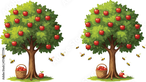 Apple tree illustration with ripe red fruits and bees, natural harvest scene, orchard design, fresh organic apples, garden nature art
