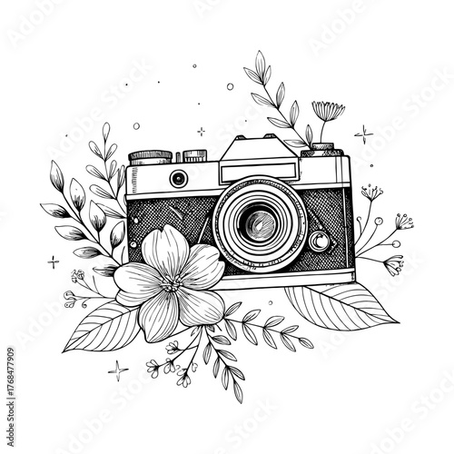 Black and white line art camera with flowers, minimalist hand-drawn vintage photography illustration with botanical aesthetic design