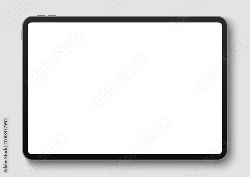 Blank screen realistic tablet frame, rotated position top view. Layout mockup of tablet template for infographics or presentation