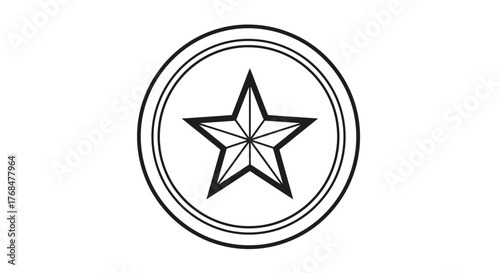 Minimalist black and white line art illustration of a five-pointed star enclosed within a double circular border.