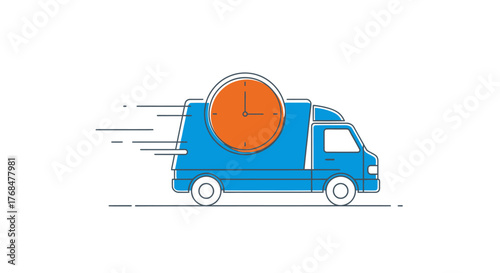Blue delivery truck with a large orange clock on its back, symbolizing fast and on-time shipping service.