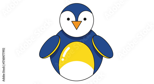 A cute cartoon illustration of a plump blue penguin with a yellow belly and white chest, standing upright with its wings slightly out.