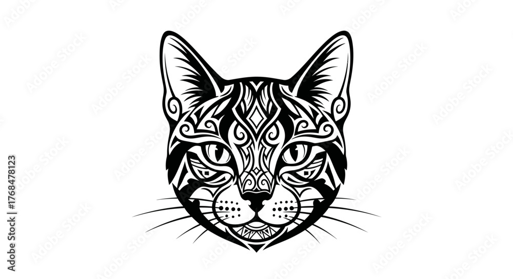 Fototapeta premium Intricate black and white illustration of a stylized cat's face.