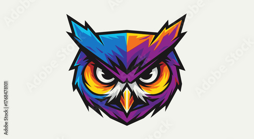 A stylized, colorful illustration of an owl's head, facing forward with intense eyes.