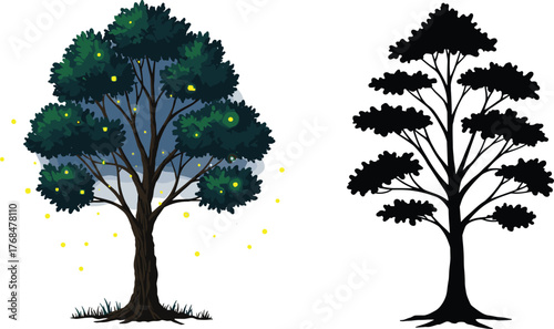 Night glowing tree with fireflies illustration, magical forest light, dark nature art, luminous fantasy tree silhouette, moonlight atmosphere design