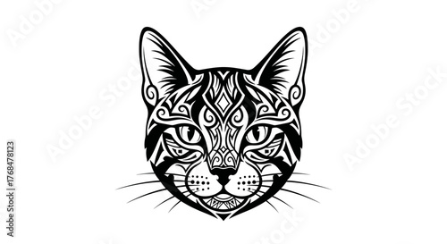 Intricate black and white illustration of a stylized cat's face.