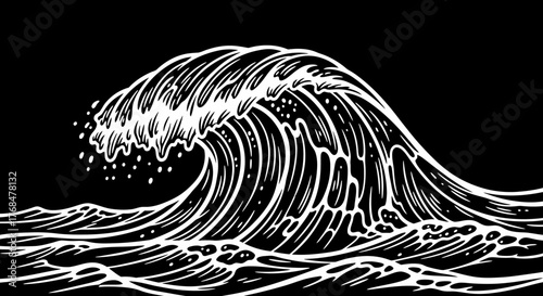 A stylized white wave crests against a black background, with smaller waves and foam details.