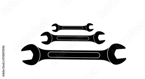 Three wrenches of different sizes, rendered in black silhouette, arranged on a white background.