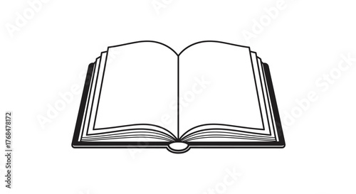 A black and white illustration of an open book with blank pages.