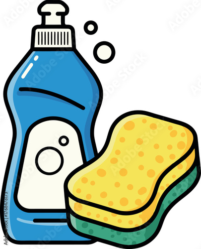 Blue dish soap bottle and yellow sponge for cleaning.