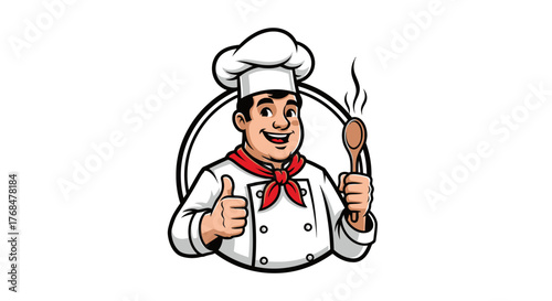 Cheerful chef in uniform holding a wooden spoon with a thumbs-up gesture.