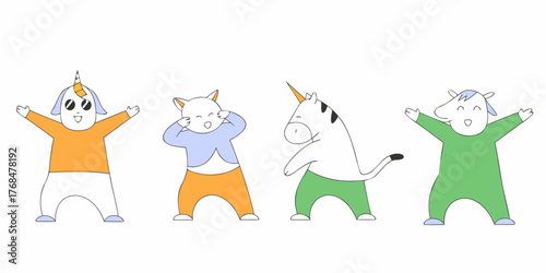 Set of cute cartoon characters in dub dance poses. Hand drawn unicorn, cat, chicken, cow doing dabbing. Vector Illustration for kids isolated on white background. 