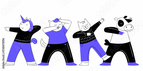 Set of cute cartoon characters in dub dance poses. Hand drawn unicorn, cat, chicken, cow doing dabbing. Vector Illustration for kids isolated on white background. 