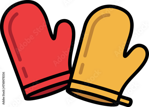 A pair of red and yellow kitchen oven mitts illustration.