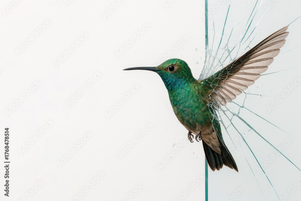 Obraz premium A hummingbird breaks through the glass. Space for text.