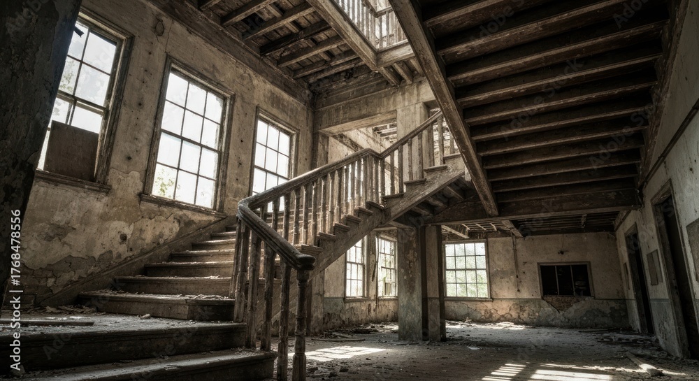 Obraz premium Derelict interior with stairs, light streaming through windows, aged wood