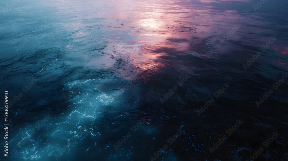 Fototapeta premium Dynamic ocean surface reflecting sunset hues with swirling patterns and luminous glow