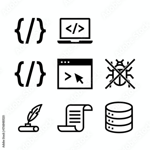 Vector set of coding tools and code bracket developers icons