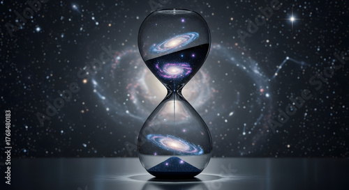 Hourglass with galaxy inside, time and space concept, cosmic background