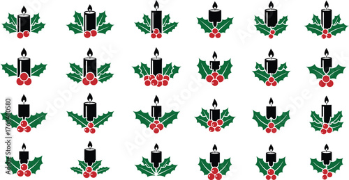 Minimalist black candle with holly leaves icon set, festive vector design, stylized symmetrical shapes, clean sharp lines, modern Christmas decoration art