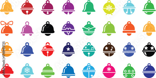 Minimalist black jingle bell icon set, modern festive vector design with simple cutouts, loops, and decorative details, clean sharp contrast art