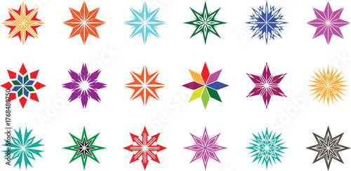 Minimalist black Christmas star icon set, geometric and abstract festive symbols, modern flat vector design, clean lines, high contrast, symmetry art