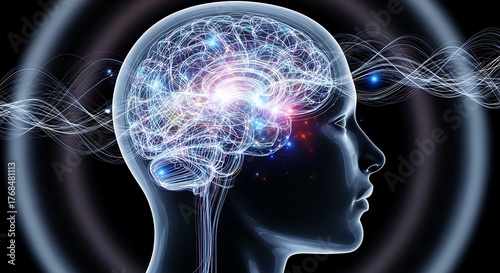 Luminous brain activity visualized with glowing connections and neural pathways radiating outwards.