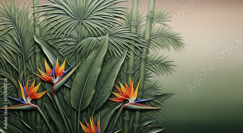 Tropical 3D Relief Mural with Palm Leaves and Birds of Paradise. Majestic 3D Wall Mural. floral landscapes. 3d floral art, floral wallpaper, Luxurious textile tile wall art
