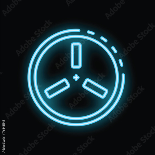 Blue neon icon of a reel to reel tape recorder glowing on a dark background