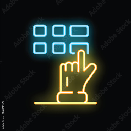Glowing neon icon of a hand pressing a button on a control panel, representing concepts such as technology, automation, and user interface