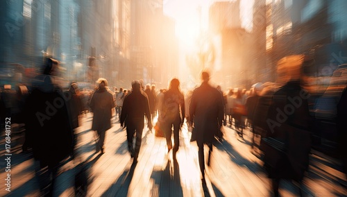 Silhouetted figures walk down a sun-drenched, blurred city street