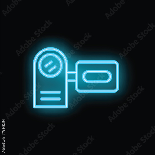 Bright blue neon sign depicting a video camera, evoking themes of film and media