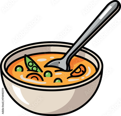 A Delicious Bowl of Vegetable Soup with a Spoon.