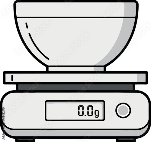 Monochrome digital kitchen scale with a bowl showing zero grams.