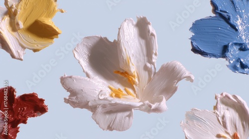 Abstract Floral Art with Thick Paint Textures, White Flower Centered Among Yellow, Blue, Red Paint Flowers on Light Blue Background for Wallpaper, Poster, Creative Design Uses.